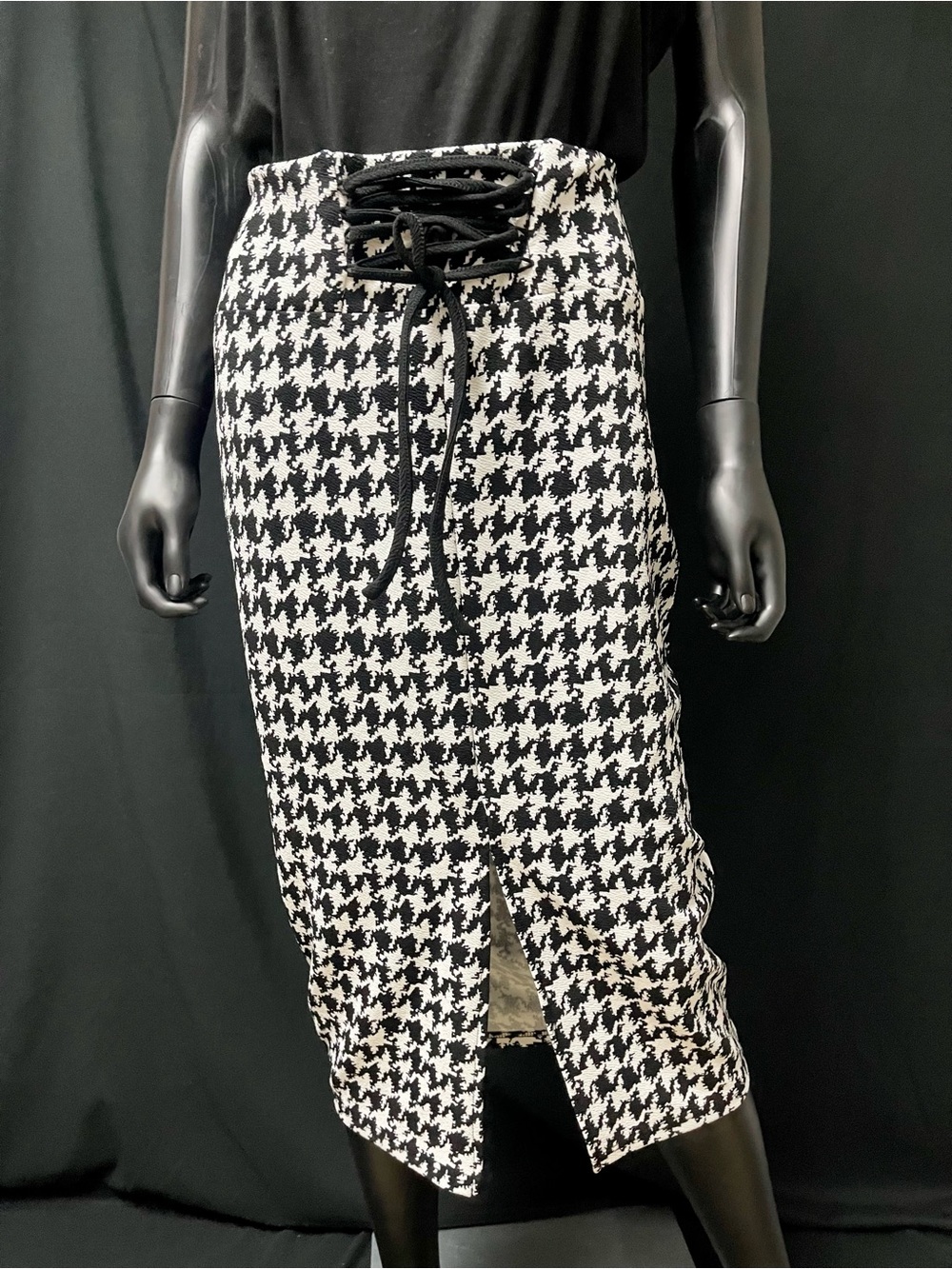 SHEIN Black & White Houndstooth Lace-Up Midi Skirt